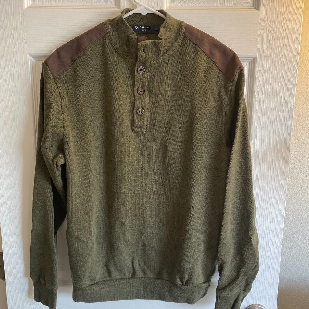 Cremieux Mock Neck Army Green Sweater Mens Large with Shoulder Suede Detail